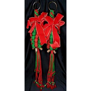 Vintage Christmas Macrame Hanging Decor With Bells Red & Green Yarn 1970s